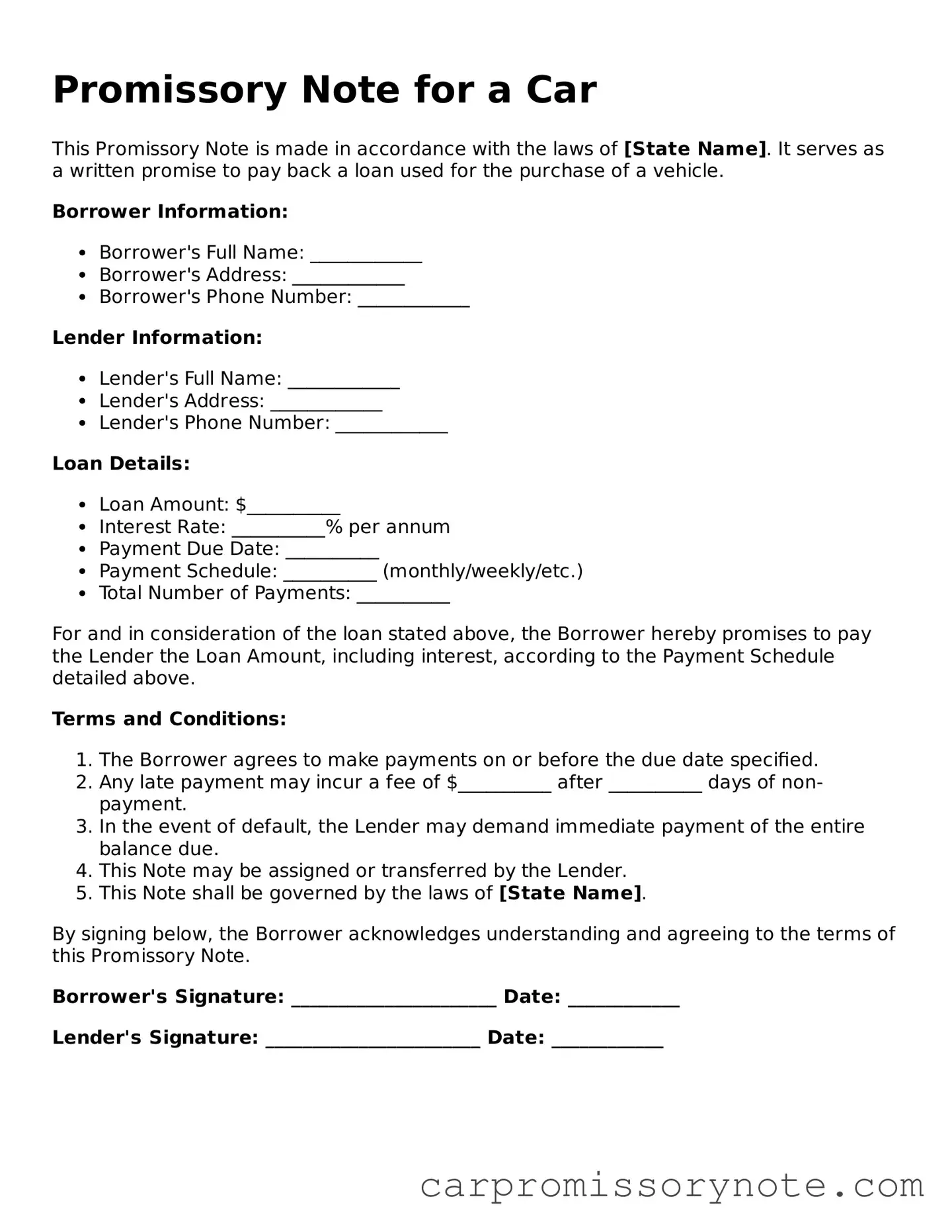 Blank Promissory Note for a Car Form